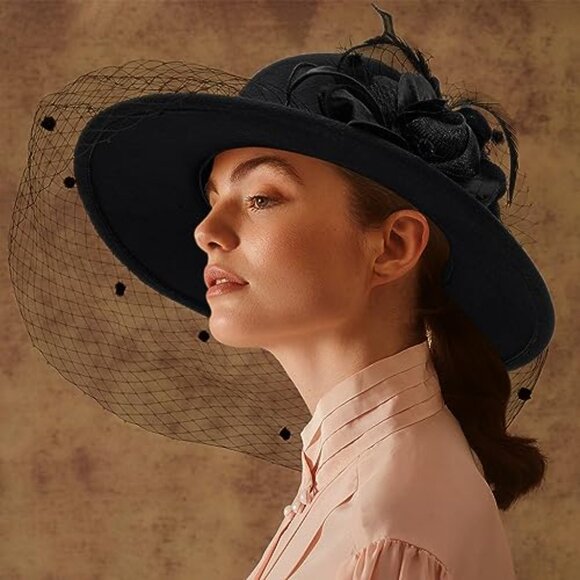 Vintage Bowler Fedora Hat with Veil Floppy Brim Felt Elegant Fascinator - Picture 4 of 8